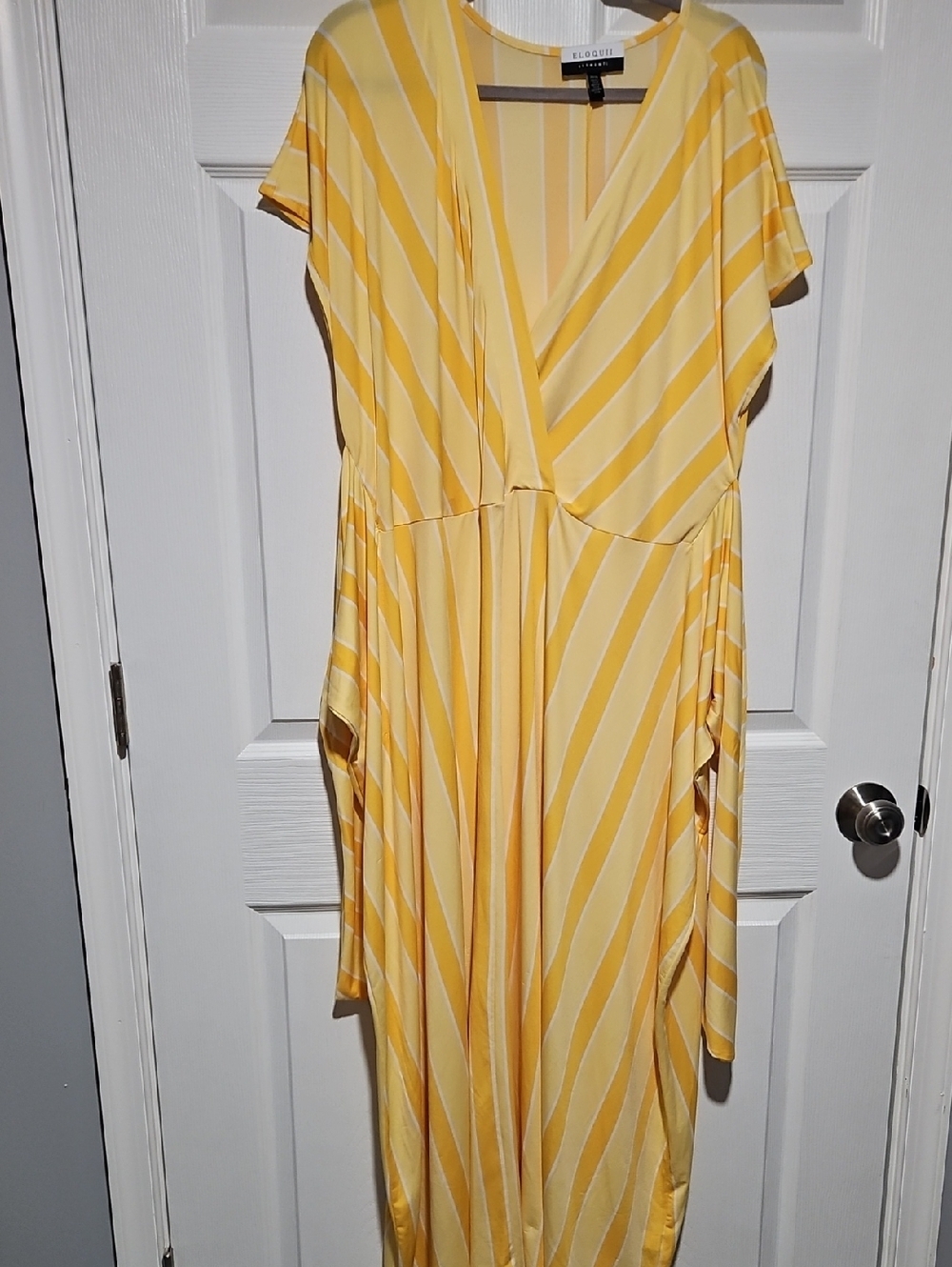 Eloquii Yellow and Cream Striped V‑Neck Maxi Dress